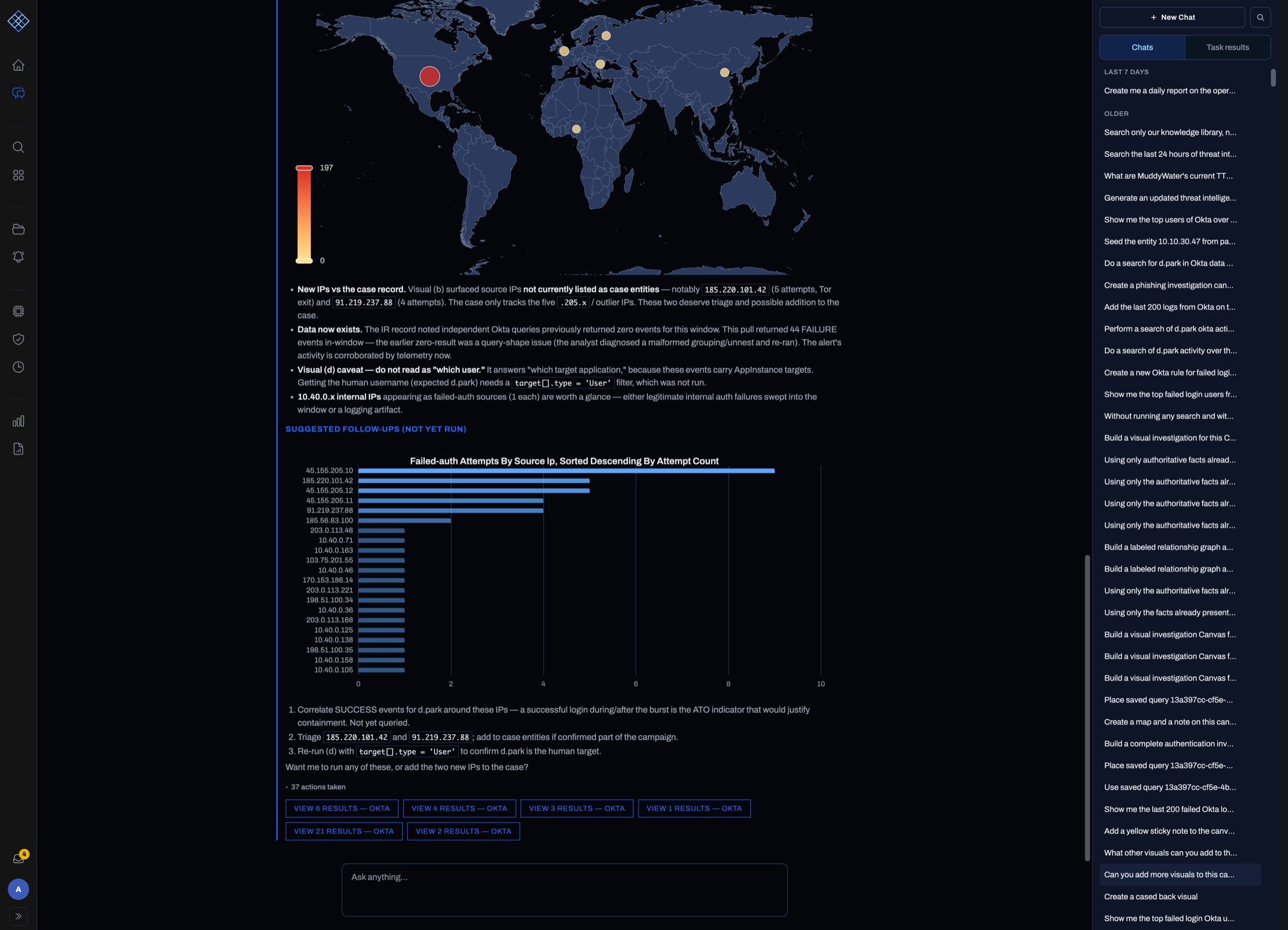 The LogSeam assistant: a chat thread that has plotted failed authentication by source country, ranked the source IPs, written up what it found and proposed follow-ups, beside a history of earlier requests to write rules, build investigation canvases, seed entities and generate reports.
