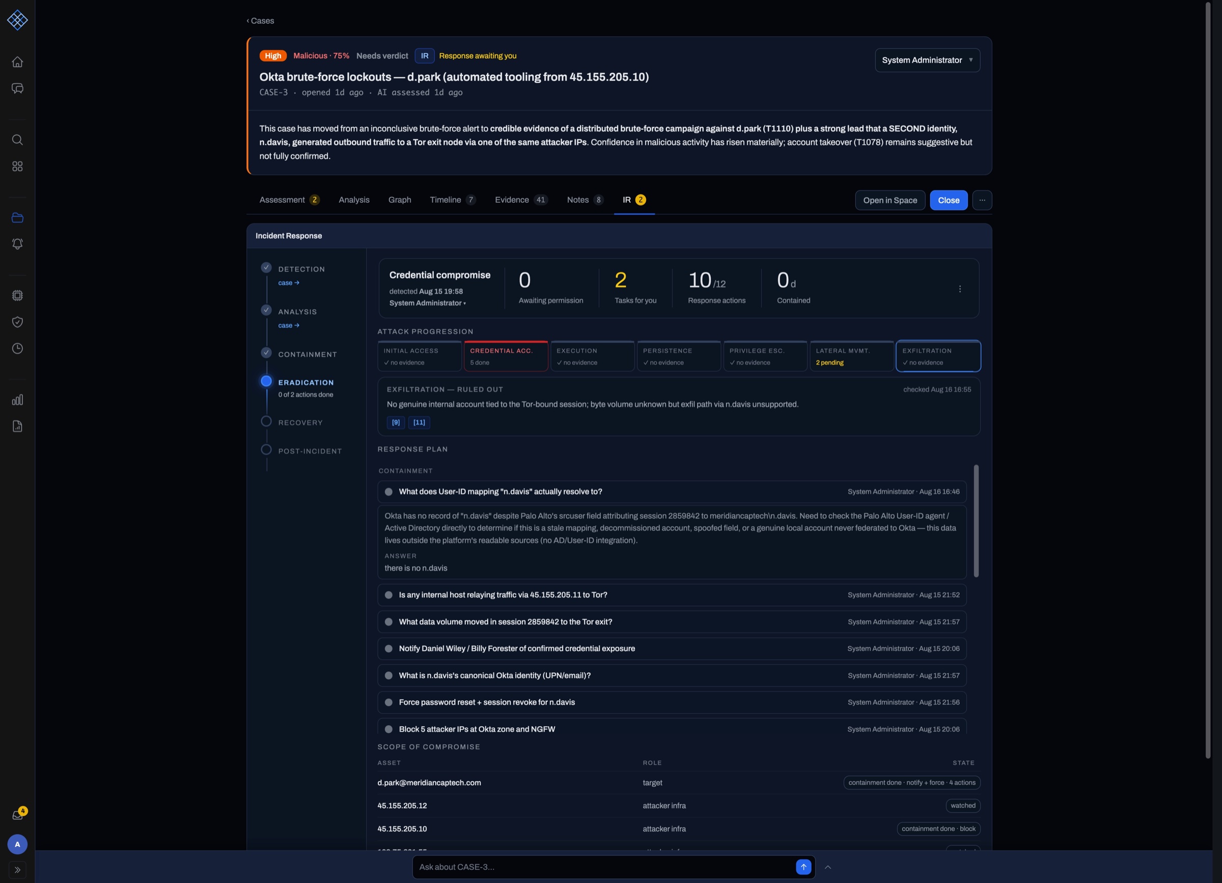 A LogSeam case in incident response, showing attack progression, response plan and scope of compromise.